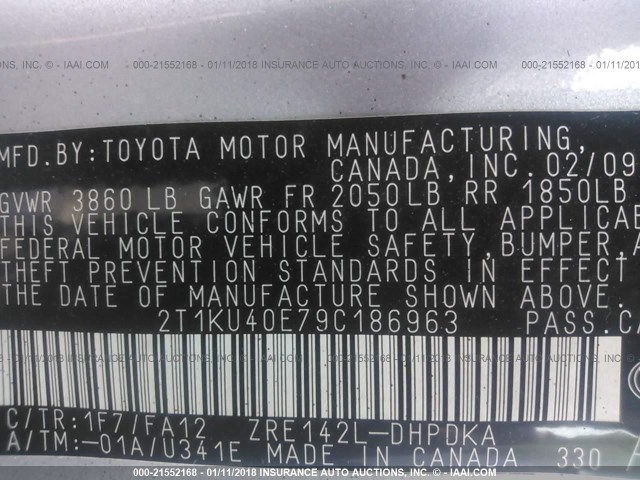 2T1KU40E79C186963 - 2009 TOYOTA COROLLA MATRIX  SILVER photo 9