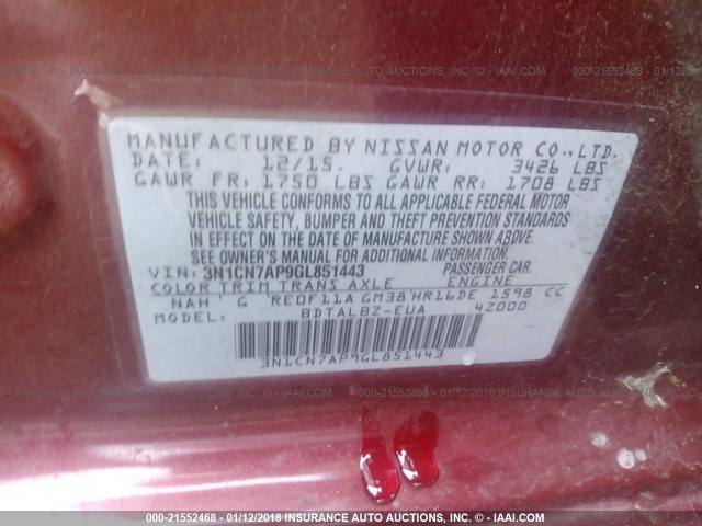 3N1CN7AP9GL851443 - 2016 NISSAN VERSA S/S PLUS/SV/SL RED photo 9