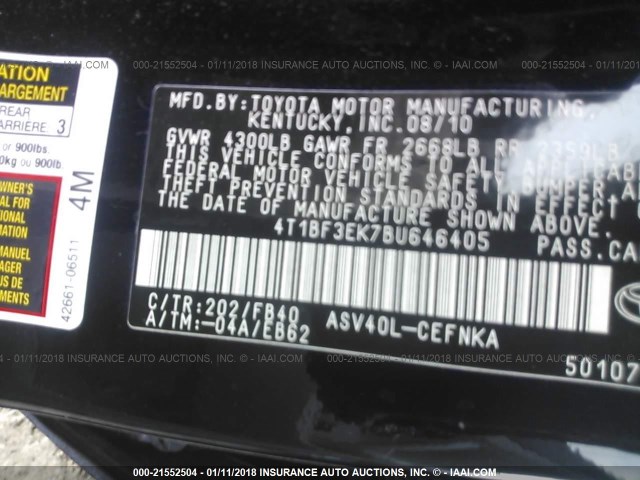 4T1BF3EK7BU646405 - 2011 TOYOTA CAMRY SE/LE/XLE შავი ფოტო 9