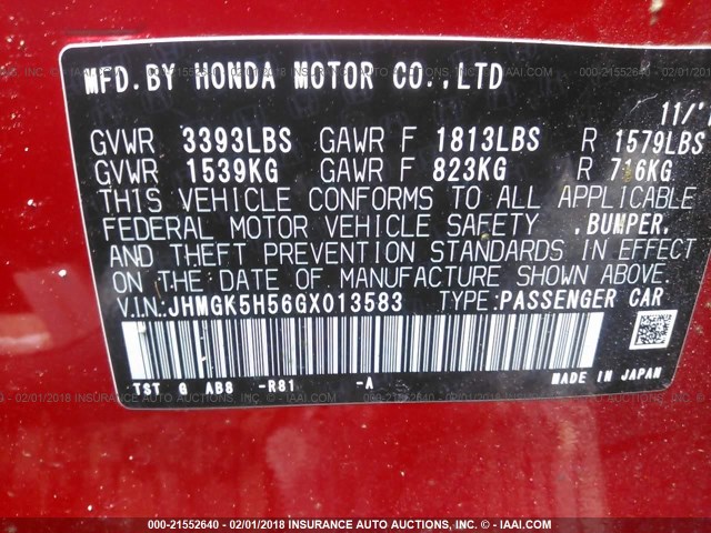 JHMGK5H56GX013583 - 2016 HONDA FIT LX RED photo 9