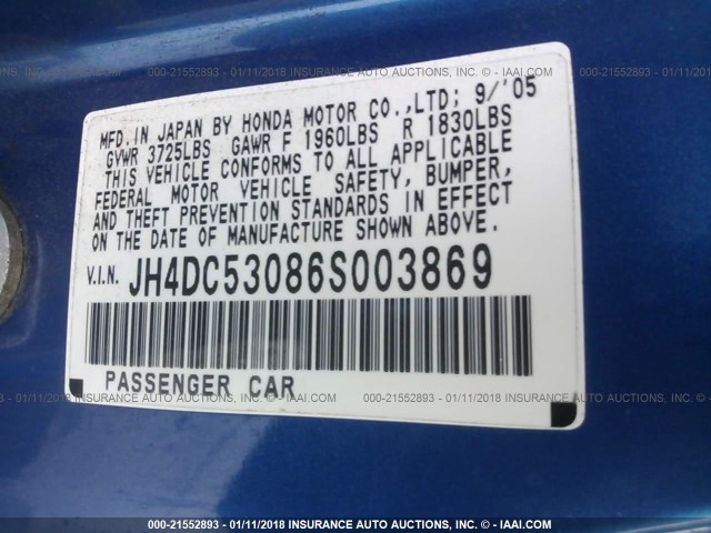 JH4DC53086S003869 - 2006 ACURA RSX TYPE-S BLUE photo 9