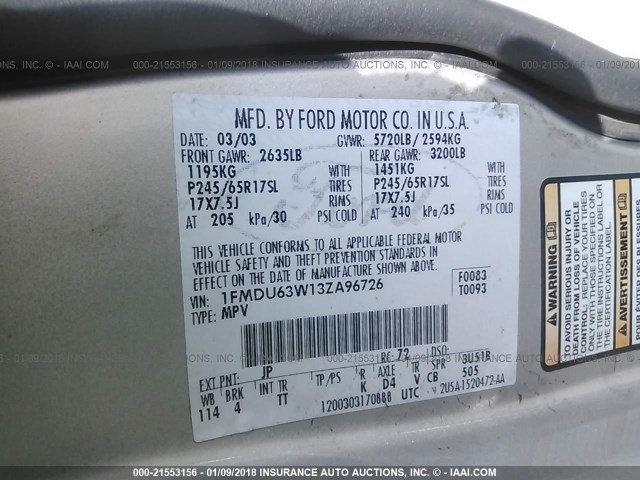 1FMDU63W13ZA96726 - 2003 FORD EXPLORER XLT/XLT SPORT/NBX 灰色 照片 9