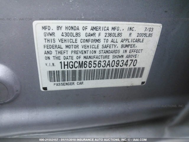 1HGCM66563A093470 - 2003 HONDA ACCORD EX 银色 照片 9