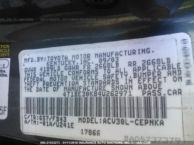 4T1BE30K84U262971 - 2004 TOYOTA CAMRY LE/XLE/SE მწვანე ფოტო 9