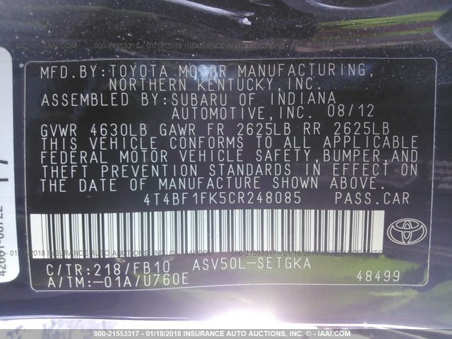 4T4BF1FK5CR248085 - 2012 TOYOTA CAMRY SE/LE/XLE BLACK photo 9