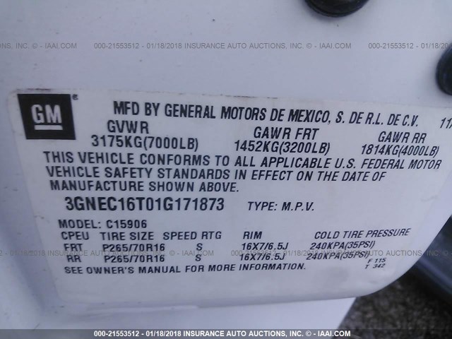 3GNEC16T01G171873 - 2001 CHEVROLET SUBURBAN C1500 WHITE photo 9