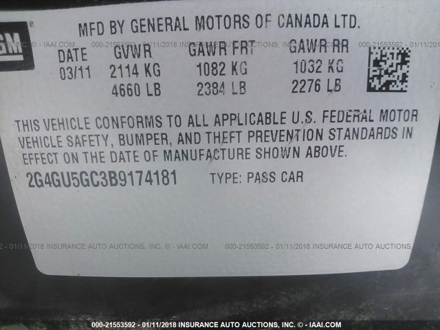 2G4GU5GC3B9174181 - 2011 BUICK REGAL CXL BLACK photo 9