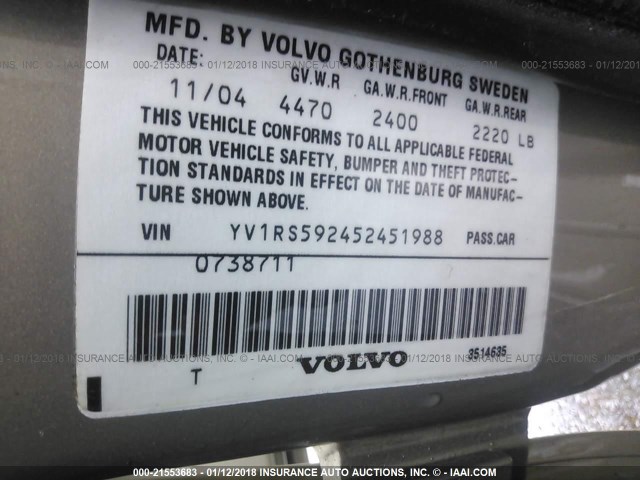YV1RS592452451988 - 2005 VOLVO S60 2.5T GOLD photo 9