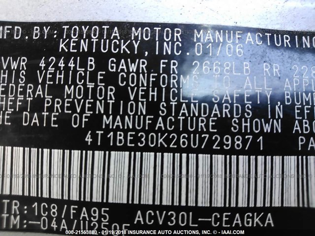 4T1BE30K26U729871 - 2006 TOYOTA CAMRY LE/XLE/SE SILVER photo 9