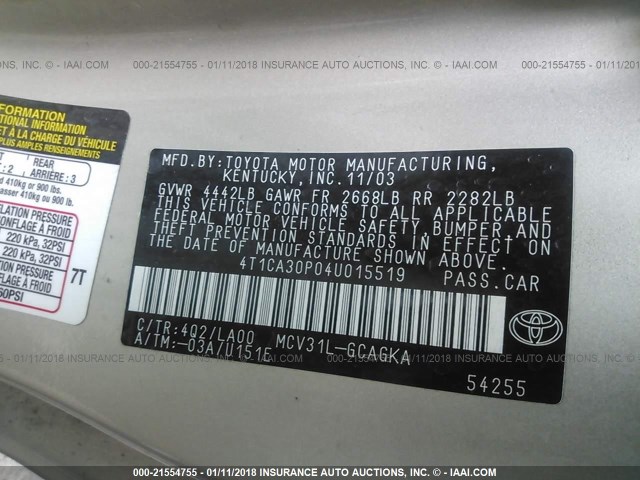 4T1CA30P04U015519 - 2004 TOYOTA CAMRY SOLARA SE/SLE ოქროსფერი ფოტო 9