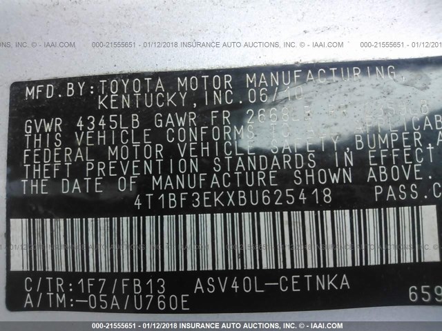 4T1BF3EKXBU625418 - 2011 TOYOTA CAMRY SE/LE/XLE SILVER photo 9