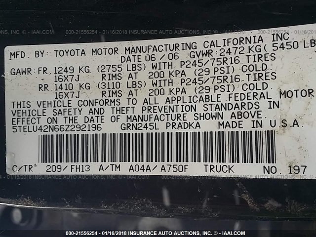 5TELU42N66Z292196 - 2006 TOYOTA TACOMA DOUBLE CAB შავი ფოტო 9