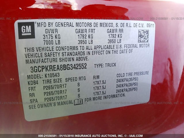 3GCPKREA8BG342552 - 2011 CHEVROLET SILVERADO K1500 LS RED photo 9