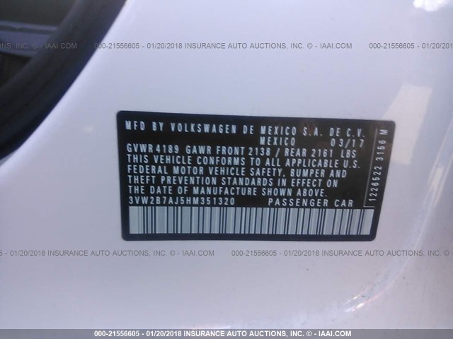 3VW2B7AJ5HM351320 - 2017 VOLKSWAGEN JETTA S 白色 照片 9
