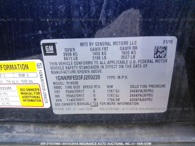 1GNKRFED3FJ269228 - 2015 CHEVROLET TRAVERSE LS BLUE photo 9