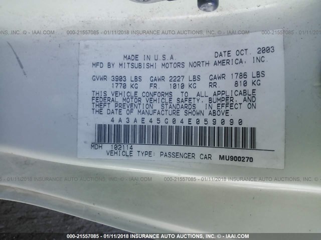 4A3AE45G04E059090 - 2004 MITSUBISHI ECLIPSE SPYDER GS 白色 照片 9