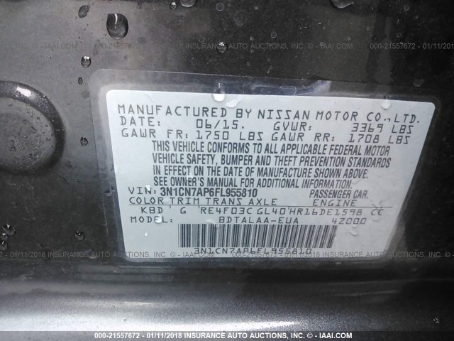 3N1CN7AP6FL955810 - 2015 NISSAN VERSA S/S PLUS/SV/SL GRAY photo 9