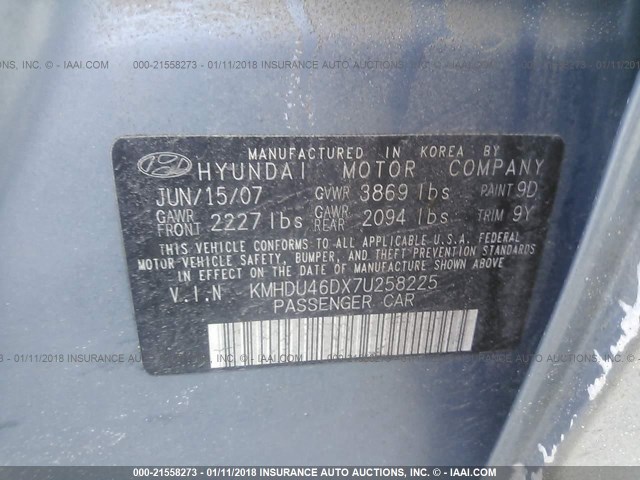 KMHDU46DX7U258225 - 2007 HYUNDAI ELANTRA GLS/SE/LIMITED BLUE photo 9