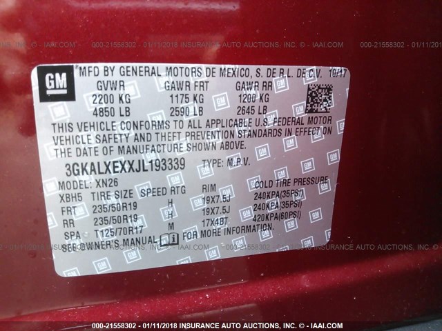 3GKALXEXXJL193339 - 2018 GMC TERRAIN DENALI MAROON photo 9