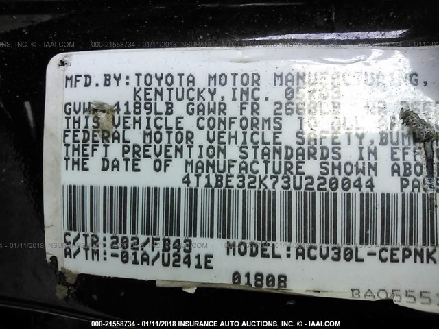 4T1BE32K73U220044 - 2003 TOYOTA CAMRY LE/XLE/SE BLACK photo 9