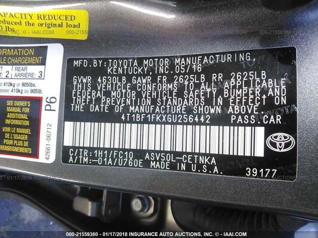 4T1BF1FKXGU256442 - 2016 TOYOTA CAMRY LE/XLE/SE/XSE GRAY photo 9