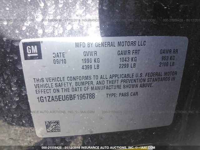 1G1ZA5EU6BF196788 - 2011 CHEVROLET MALIBU LS 黑色 照片 9