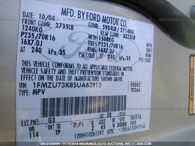 1FMZU73K85UA63912 - 2005 FORD EXPLORER XLT/XLT SPORT/NBX Champagne photo 9