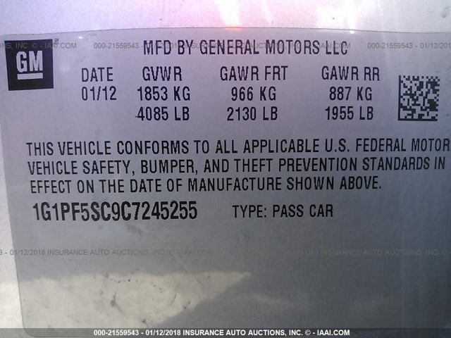 1G1PF5SC9C7245255 - 2012 CHEVROLET CRUZE LT SILVER photo 9