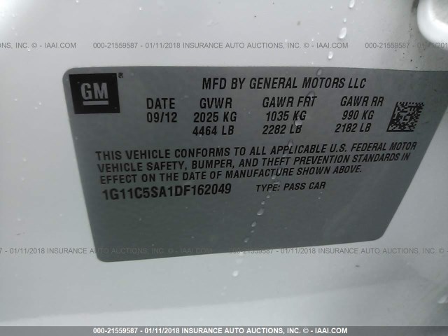 1G11C5SA1DF162049 - 2013 CHEVROLET MALIBU 1LT 白色 照片 9