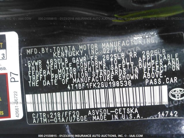 4T1BF1FK2GU198536 - 2016 TOYOTA CAMRY LE/XLE/SE/XSE 黑色 照片 9