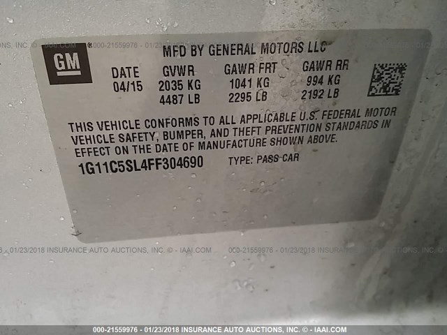 1G11C5SL4FF304690 - 2015 CHEVROLET MALIBU 1LT 银色 照片 9