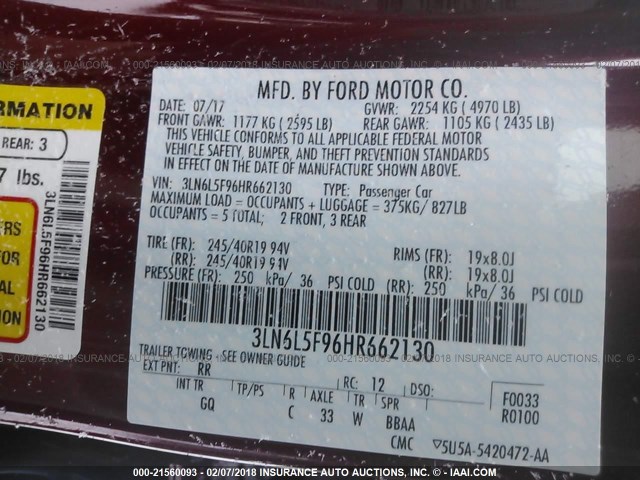 3LN6L5F96HR662130 - 2017 LINCOLN MKZ RESERVE RED photo 9