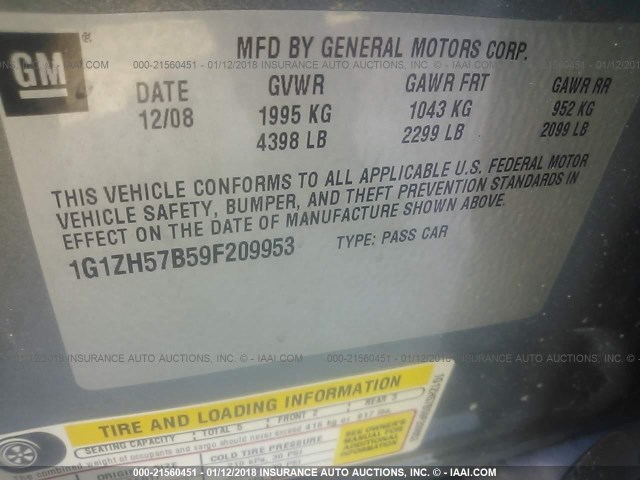 1G1ZH57B59F209953 - 2009 CHEVROLET MALIBU 1LT 灰色 照片 9