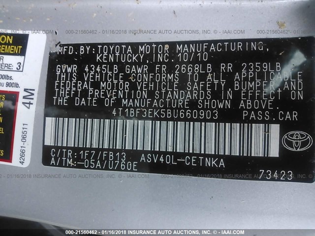 4T1BF3EK5BU660903 - 2011 TOYOTA CAMRY SE/LE/XLE SILVER photo 9