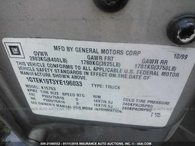 1GTEK19T3YE196033 - 2000 GMC NEW SIERRA K1500 GOLD photo 9