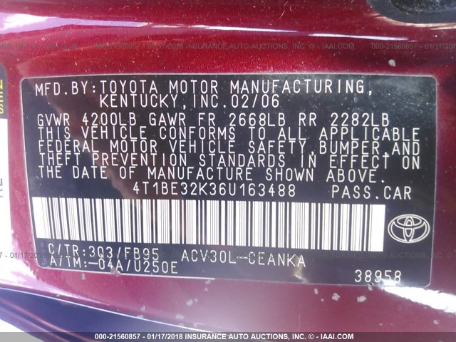 4T1BE32K36U163488 - 2006 TOYOTA CAMRY LE/XLE/SE 红色 照片 9