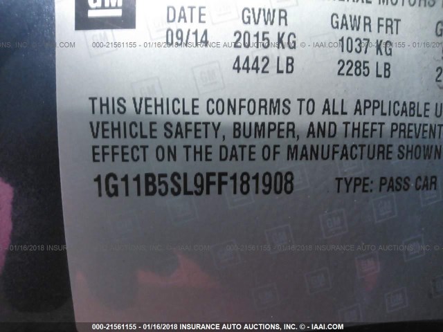 1G11B5SL9FF181908 - 2015 CHEVROLET MALIBU LS 蓝色 照片 9