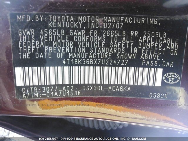 4T1BK36BX7U224727 - 2007 TOYOTA AVALON XL/XLS/TOURING/LIMITED BURGUNDY photo 9