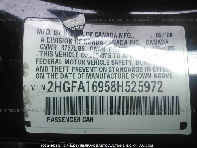 2HGFA16958H525972 - 2008 HONDA CIVIC EXL BLACK photo 9