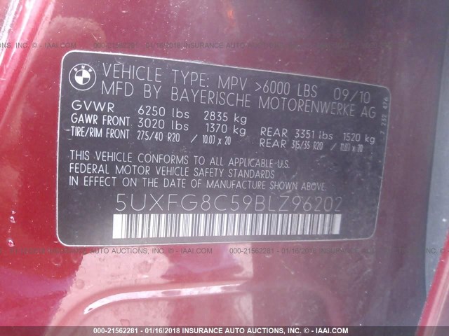 5UXFG8C59BLZ96202 - 2011 BMW X6 XDRIVE50I RED photo 9