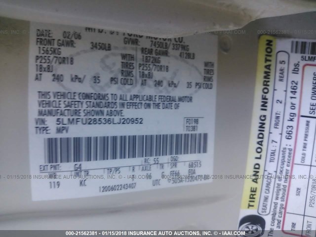 5LMFU28536LJ20952 - 2006 LINCOLN NAVIGATOR CREAM photo 9