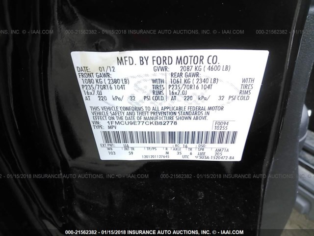 1FMCU9E77CKB82778 - 2012 FORD ESCAPE LIMITED BLACK photo 9