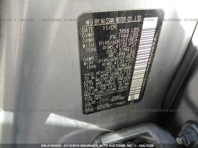 JN8AZ2KRXAT156911 - 2010 NISSAN CUBE S/SL/KROM SILVER photo 9