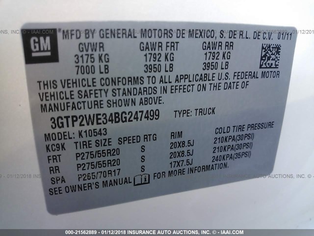 3GTP2WE34BG247499 - 2011 GMC SIERRA K1500 SLT WHITE photo 9