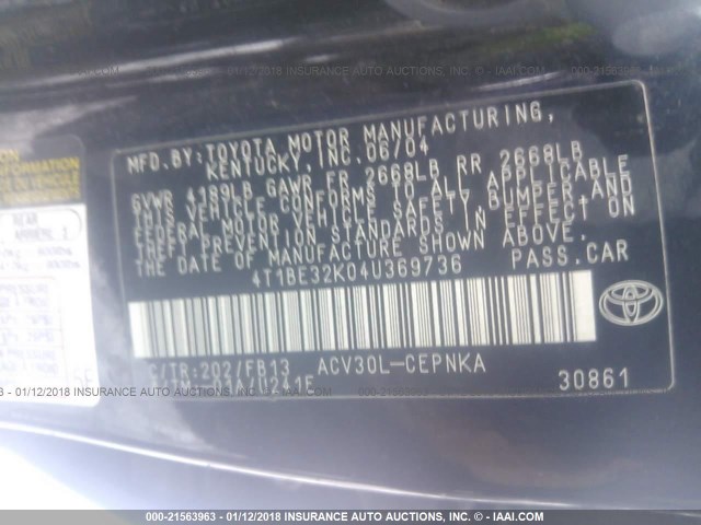 4T1BE32K04U369736 - 2004 TOYOTA CAMRY LE/XLE/SE BLACK photo 9