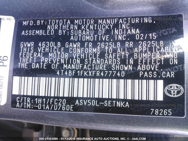 4T4BF1FKXFR477740 - 2015 TOYOTA CAMRY LE/XLE/SE/XSE GRAY photo 9