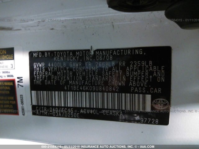 4T1BE46K09U840842 - 2009 TOYOTA CAMRY SE/LE/XLE WHITE photo 9