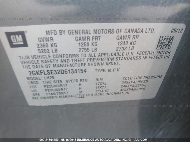 2GKFLSE32D6134154 - 2013 GMC TERRAIN SLE GRAY photo 9