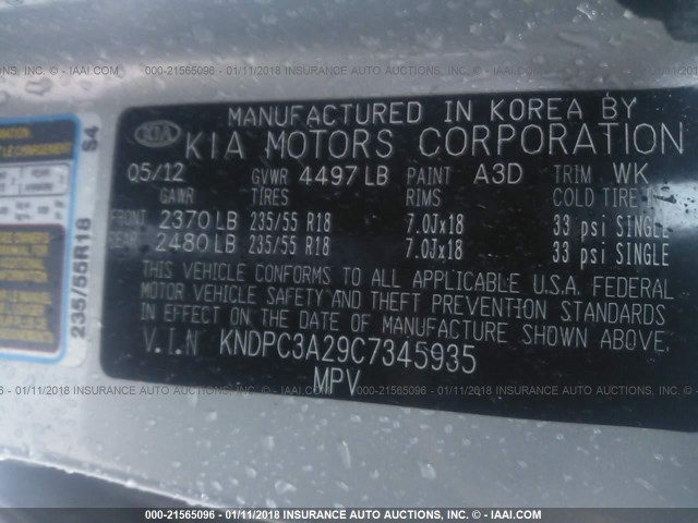 KNDPC3A29C7345935 - 2012 KIA SPORTAGE EX SILVER photo 9