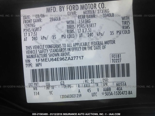 1FMEU64E96ZA27717 - 2006 FORD EXPLORER EDDIE BAUER BLACK photo 9